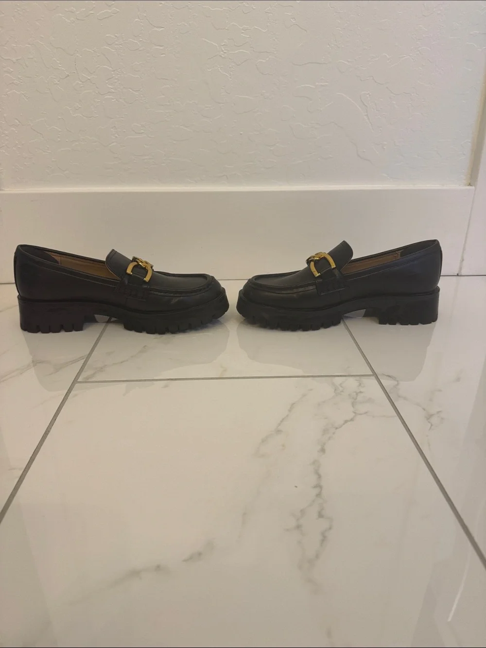 Nine West Black Loafers with Gold Chain Accent
